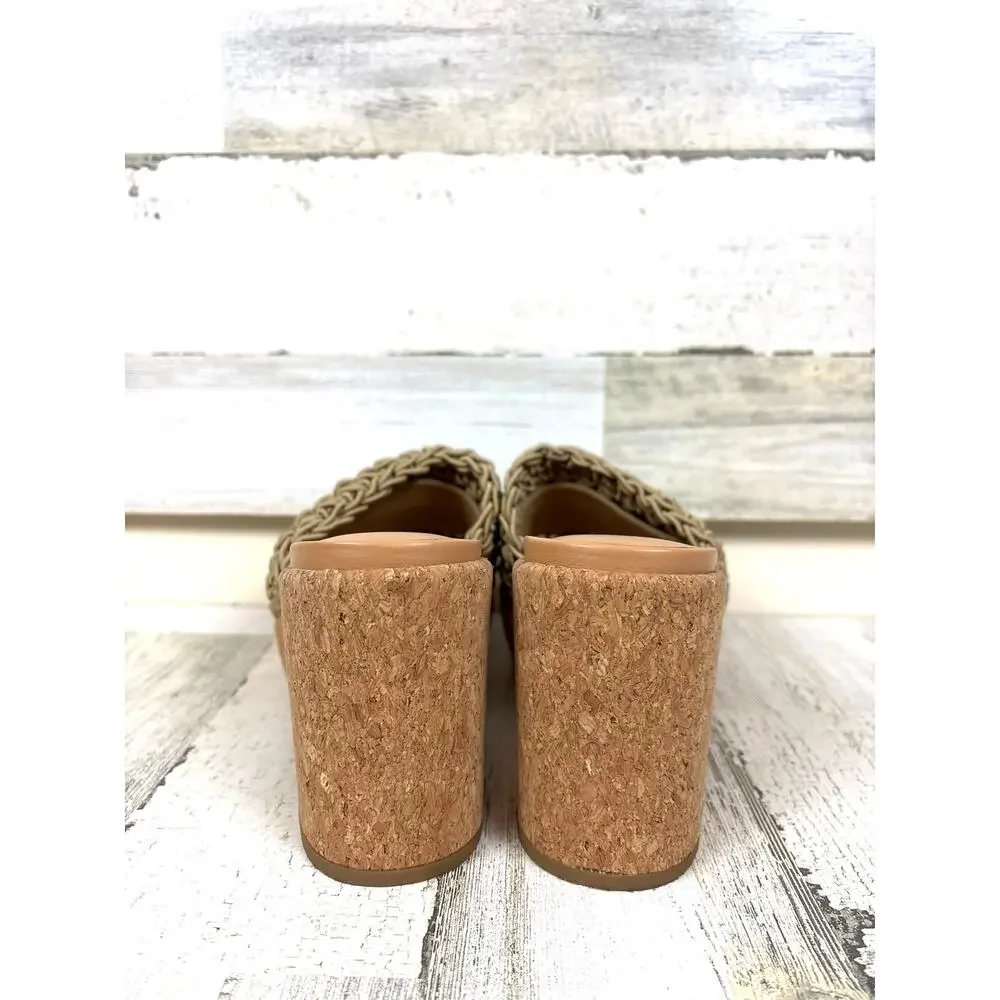 Vince Womens 7 Tan Nicki Crochet Knotted Cork Platform Slip On Heeled Sandals